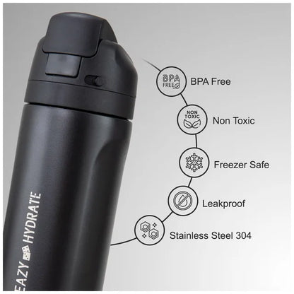 Eazy Kids - Straw And Spout Stainless Steel Water Bottle - Black - 710 ml