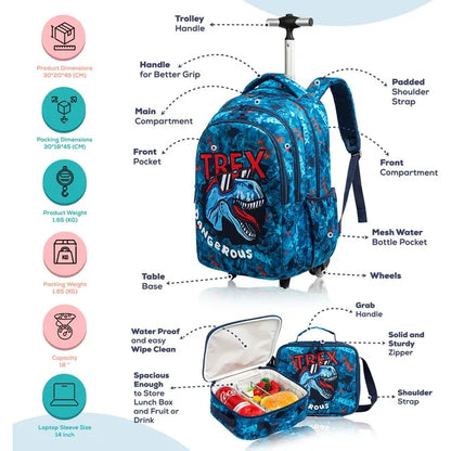 Eazy Kids - 18" Trolley Bag With Lunch Bag & Pencil Case - Trex Dinosaur