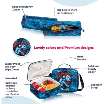 Eazy Kids - 18" Trolley Bag With Lunch Bag & Pencil Case - Trex Dinosaur