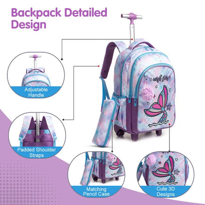 Eazy Kids - 18" Trolley School Bag Combo Mermaid - Set of 3 - Purple
