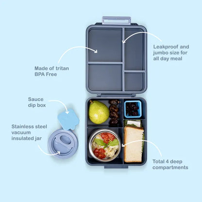 Eazy Kids - 4 Compartments Jumbo Bento Lunch Box With Thermos & Dip Jar