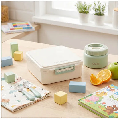 Eazy Kids - 4 Compartments Jumbo Bento Lunch Box With Thermos & Dip Jar