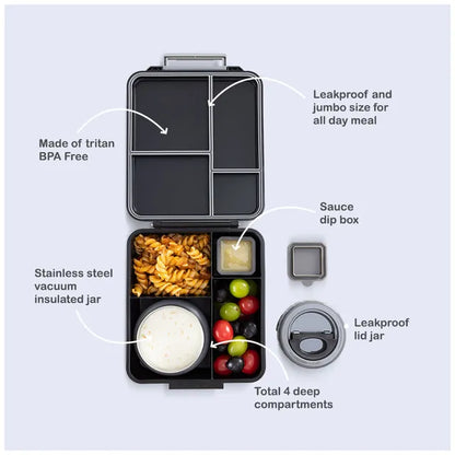 Eazy Kids - 4 Compartments Jumbo Bento Lunch Box With Thermos & Dip Jar