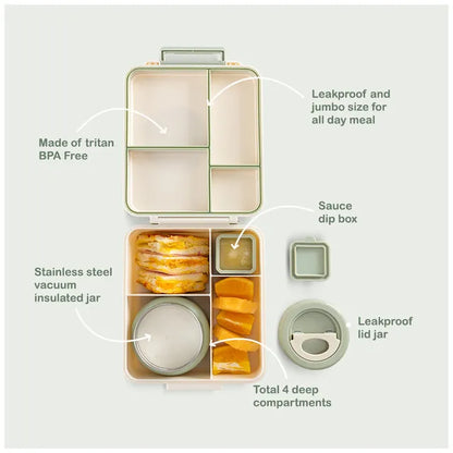Eazy Kids - 4 Compartments Jumbo Bento Lunch Box With Thermos & Dip Jar