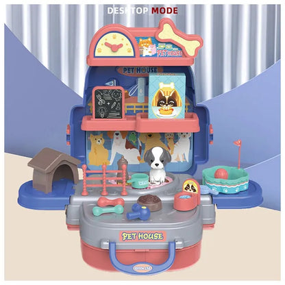 Little Story - Role Play Pet House Toy Set School Bag 26pcs - Blue