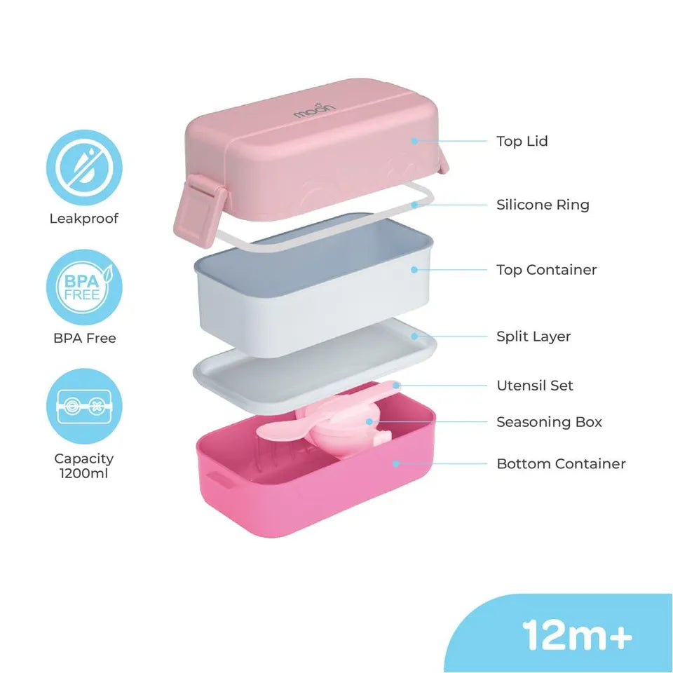 Moon - Kids Bento Two Tier Tiffin Lunch Box - Stackable With Spoon & Seasoning Box - Microwave Safe - Pink
