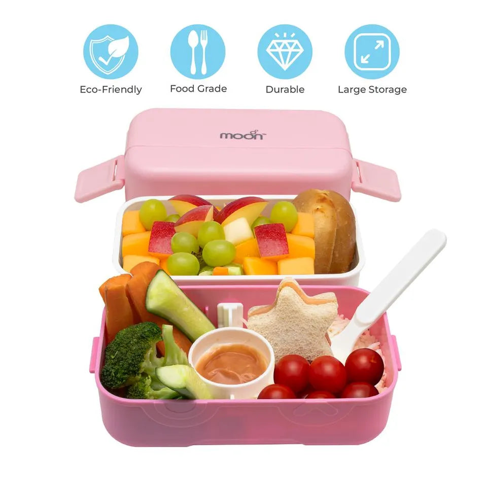 Moon - Kids Bento Two Tier Tiffin Lunch Box - Stackable With Spoon & Seasoning Box - Microwave Safe - Pink
