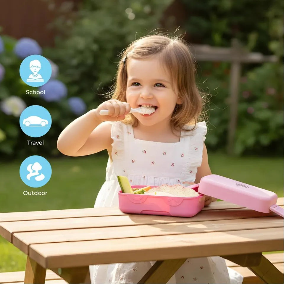 Moon - Kids Bento Two Tier Tiffin Lunch Box - Stackable With Spoon & Seasoning Box - Microwave Safe - Pink