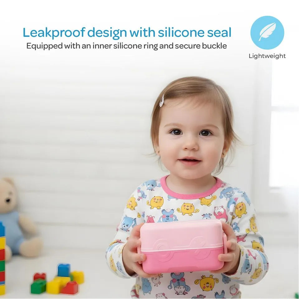 Moon - Kids Bento Two Tier Tiffin Lunch Box - Stackable With Spoon & Seasoning Box - Microwave Safe - Pink