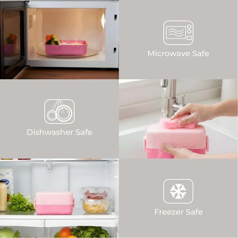 Moon - Kids Bento Two Tier Tiffin Lunch Box - Stackable With Spoon & Seasoning Box - Microwave Safe - Pink