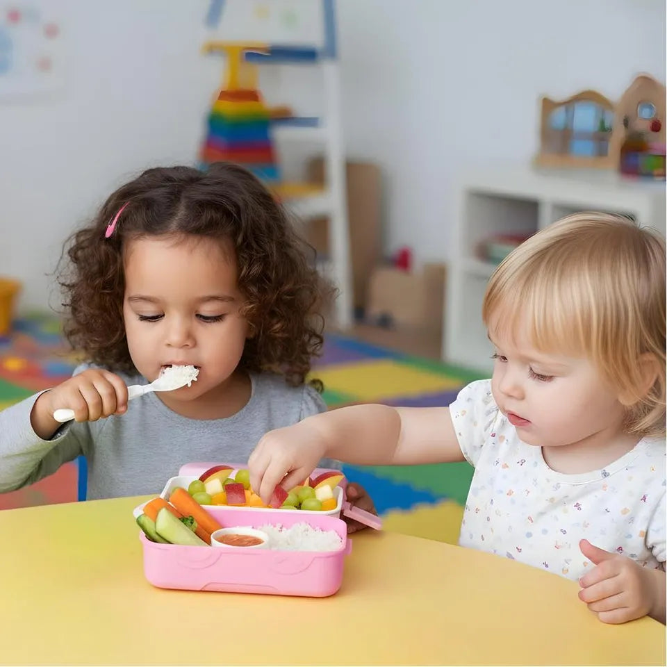 Moon - Kids Bento Two Tier Tiffin Lunch Box - Stackable With Spoon & Seasoning Box - Microwave Safe - Pink