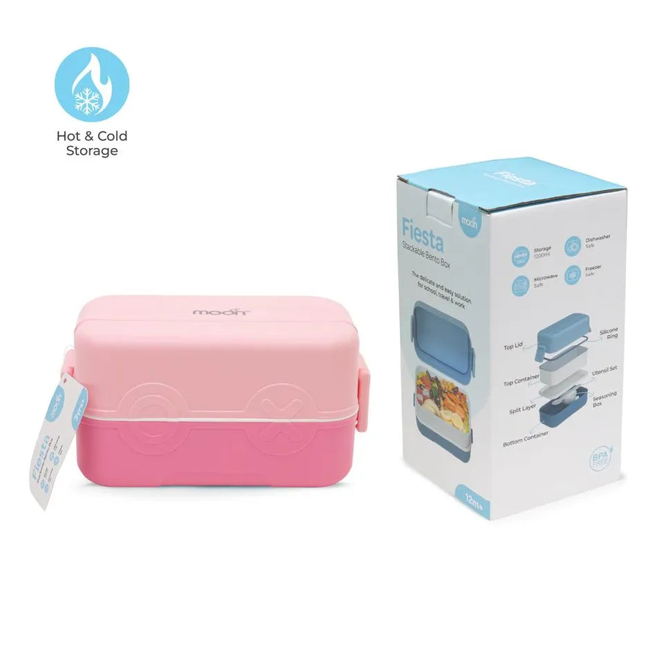 Moon - Kids Bento Two Tier Tiffin Lunch Box - Stackable With Spoon & Seasoning Box - Microwave Safe - Pink
