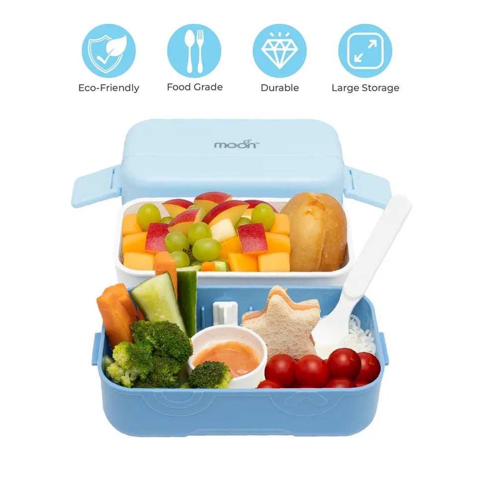 Moon - Kids' Bento Two Tier Lunch Box With Spoon & Seasoning Box - Blue