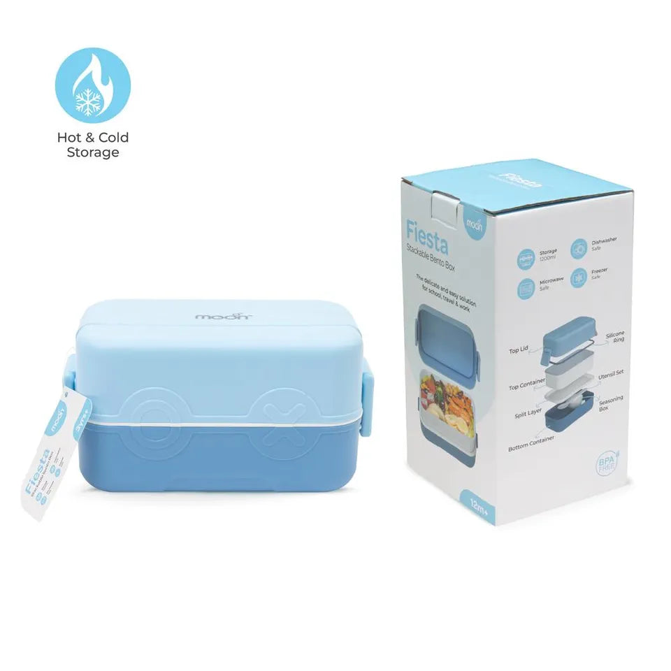 Moon - Kids' Bento Two Tier Lunch Box With Spoon & Seasoning Box - Blue