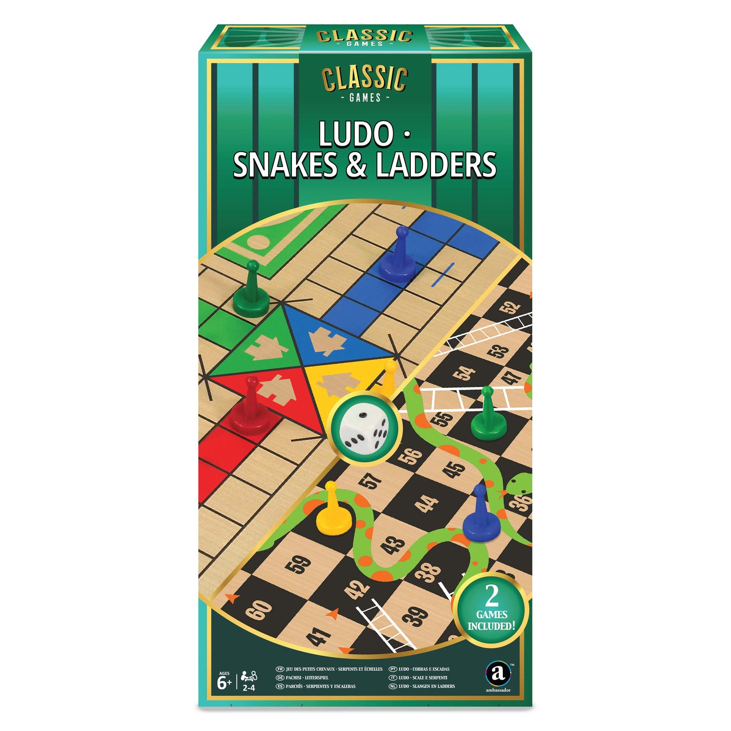 Ambassador Classic Games - 2-in-1 Basic Ludo, Snakes & Ladders