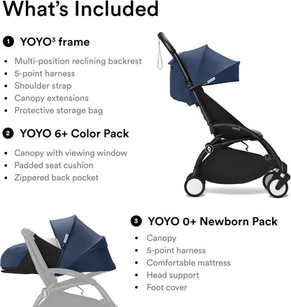 Stokke YOYO3 Black Frame & 0+ & 6+ Air France Blue Bundle