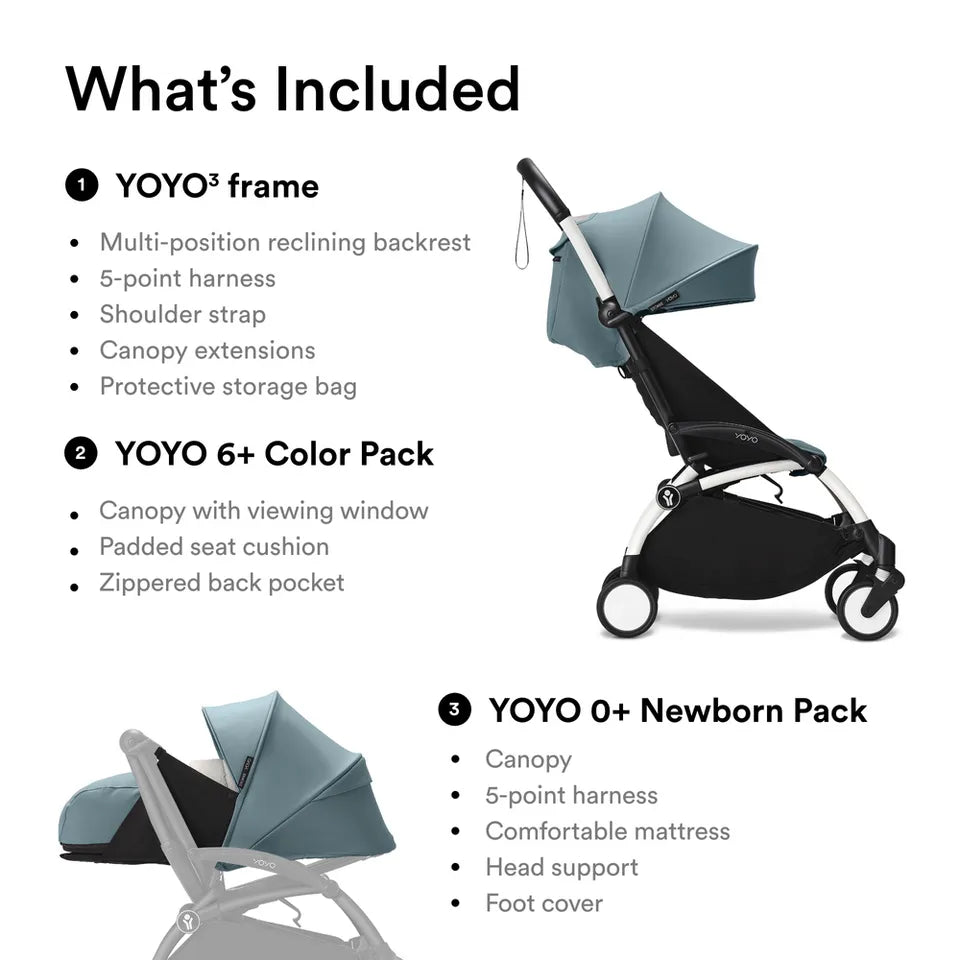 Stokke YOYO3 Black Frame & 0+ & 6+ Aqua Bundle