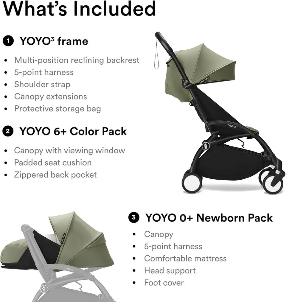 Stokke YOYO3 Black Frame & 0+ & 6+ Olive Bundle