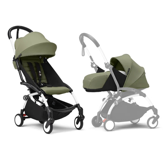 Stokke YOYO3 White Frame & 0+ & 6+ Olive Bundle