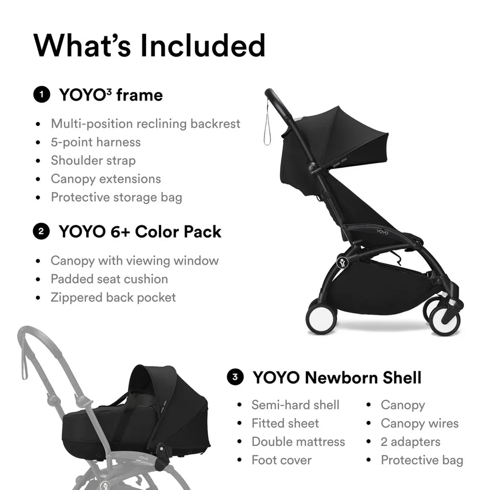 Stokke YOYO3 Frame Black + Newborn & 6+ Pack Bundle - Black