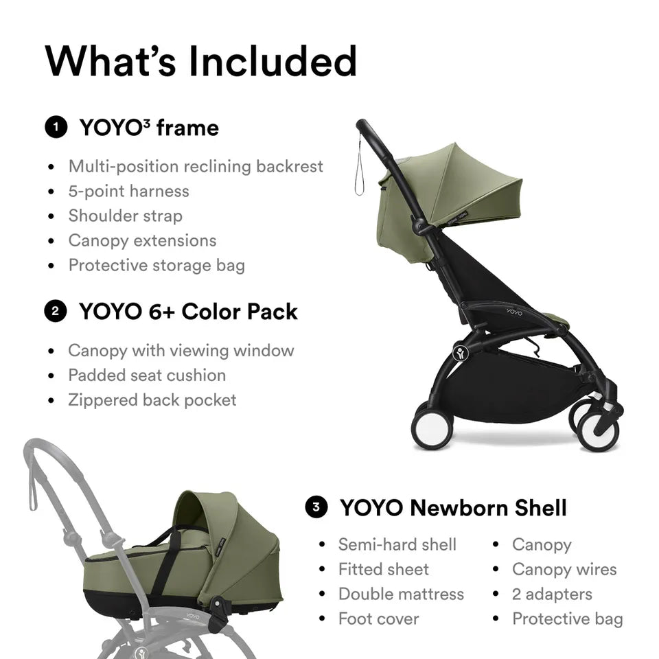 Stokke YOYO3 Frame Black + Newborn & 6+ Pack Bundle - Olive