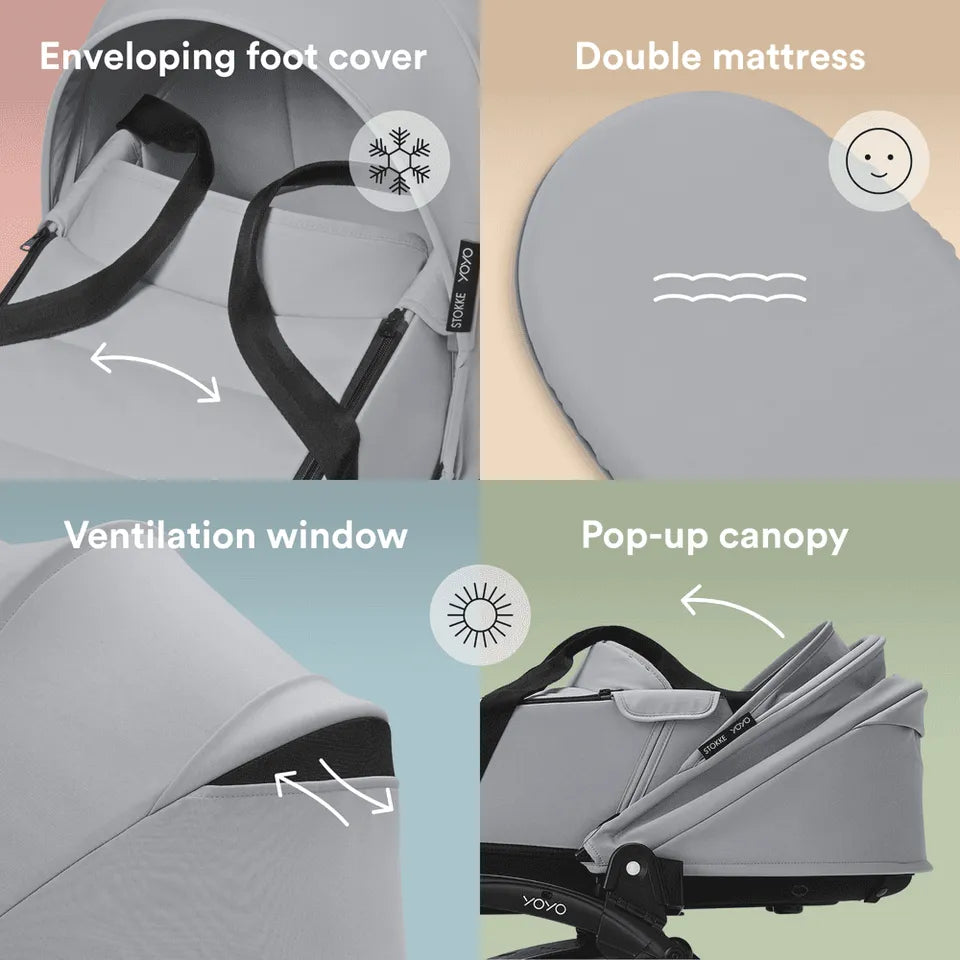 Stokke YOYO3 Frame Black + Newborn & 6+ Pack Bundle - Stone