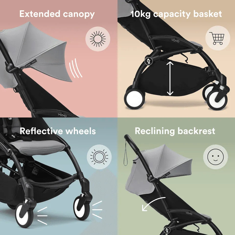 Stokke YOYO3 Frame Black + Newborn & 6+ Pack Bundle - Stone