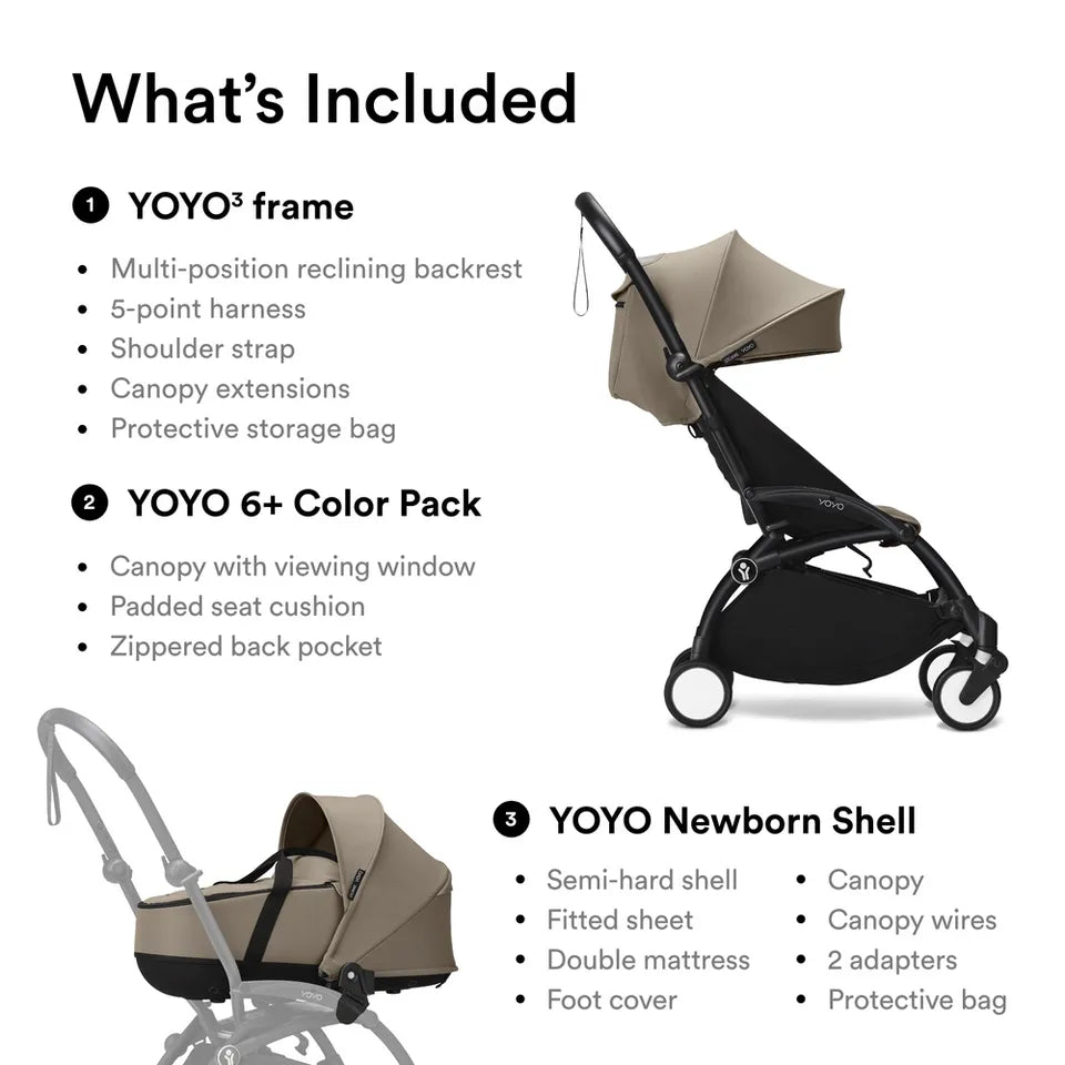 Stokke YOYO3 Frame Black + Newborn & 6+ Pack Bundle - Taupe