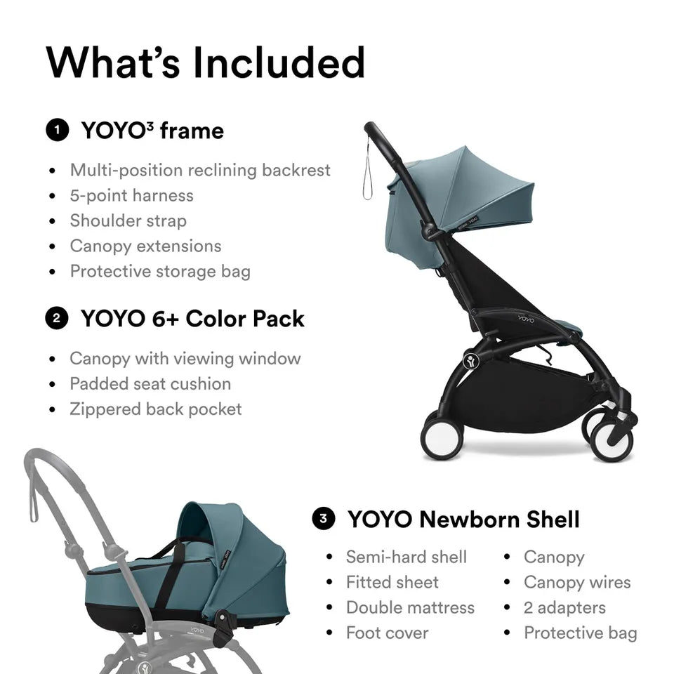 Stokke YOYO3 Frame Black + Newborn & 6+ Pack Bundle - Aqua