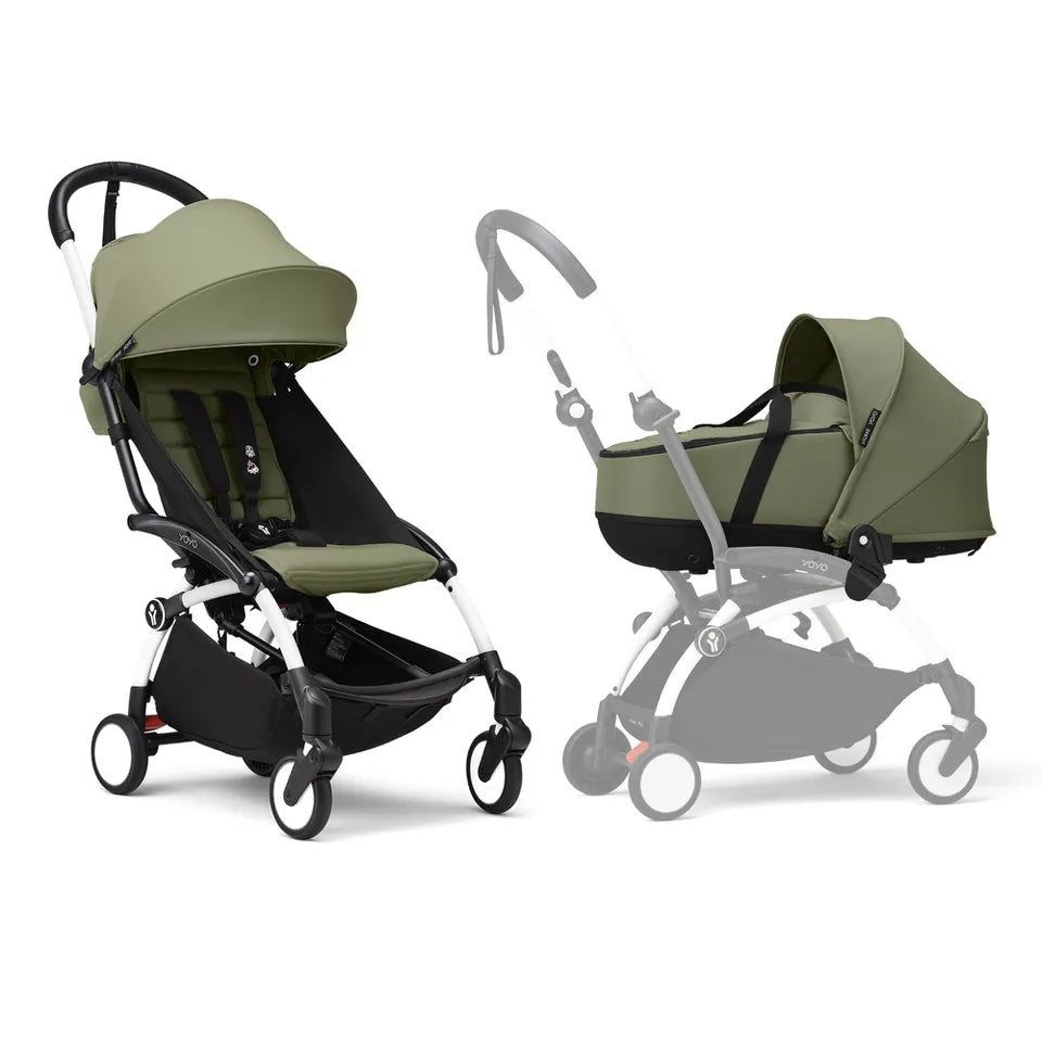 Stokke YOYO3 Frame White + Newborn & 6+ Pack Bundle - Olive