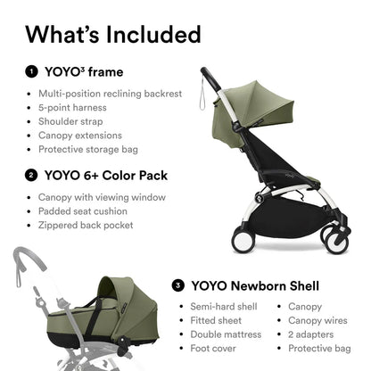 Stokke YOYO3 Frame White + Newborn & 6+ Pack Bundle - Olive