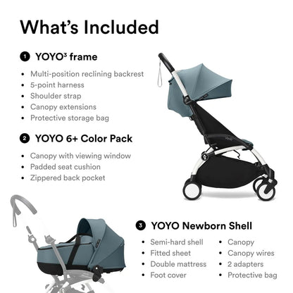 Stokke YOYO3 Frame White + Newborn & 6+ Pack Bundle - Aqua