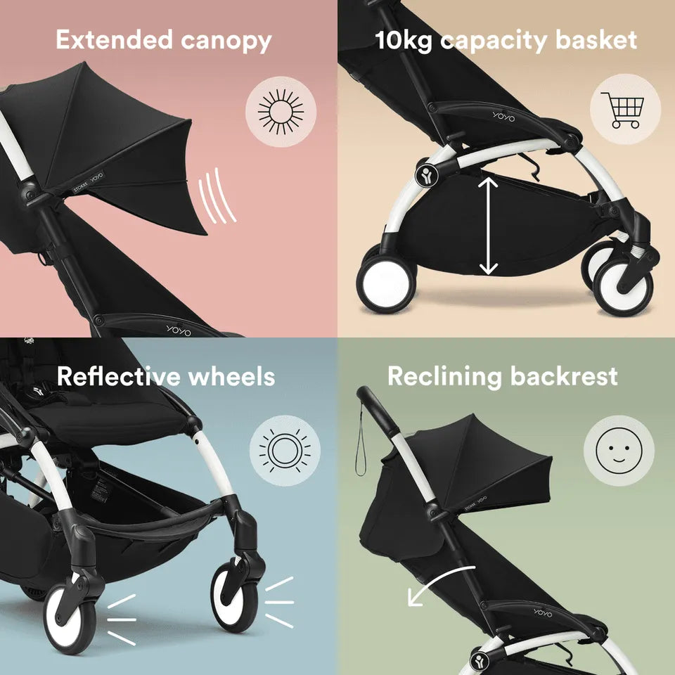 Stokke YOYO3 Frame White + Newborn & 6+ Pack Bundle - Black