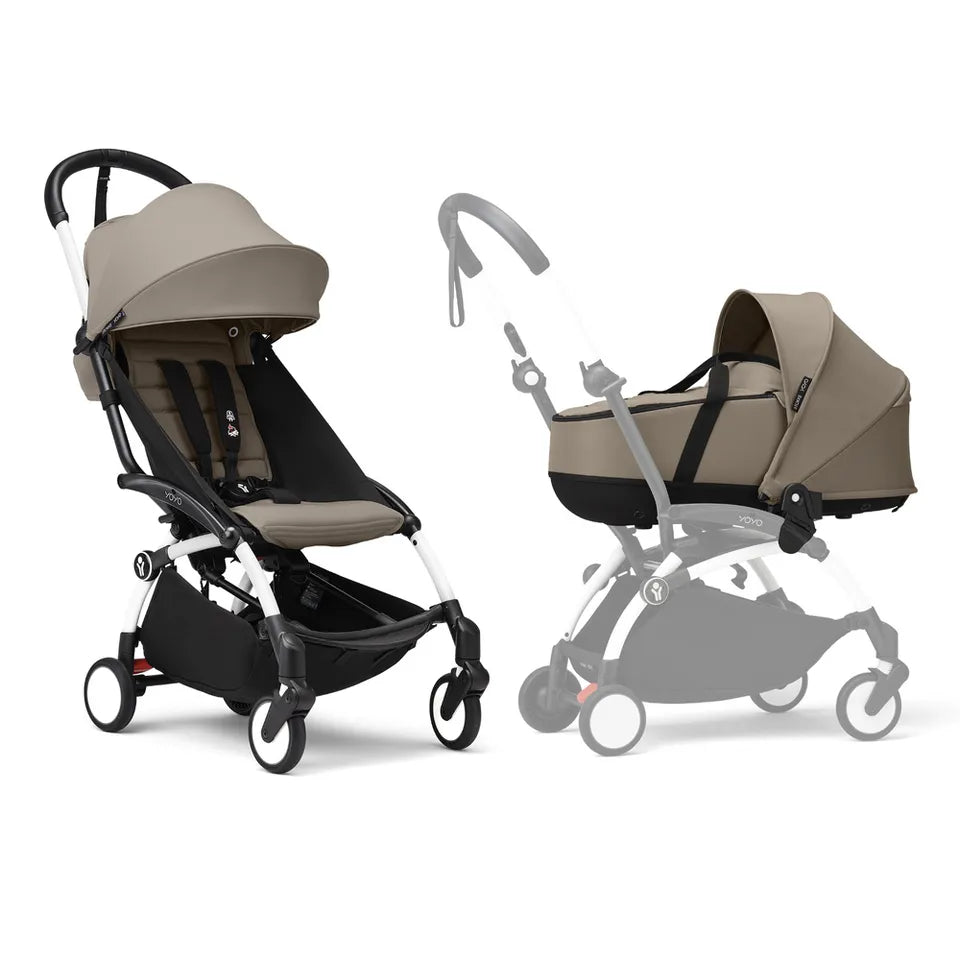 Stokke YOYO3 Frame White + Newborn & 6+ Pack Bundle - Taupe