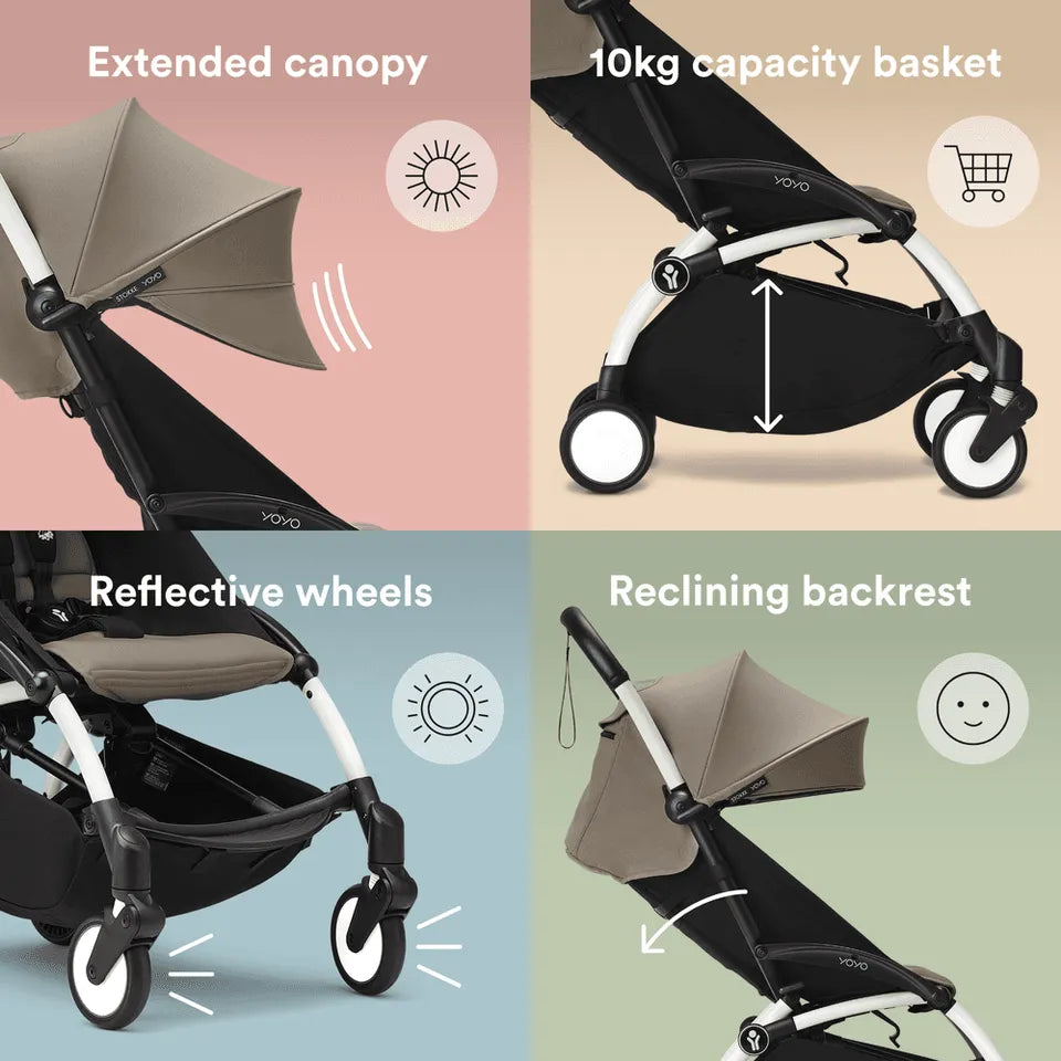 Stokke YOYO3 Frame White + Newborn & 6+ Pack Bundle - Taupe