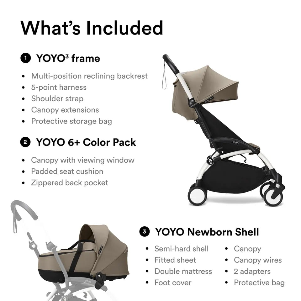 Stokke YOYO3 Frame White + Newborn & 6+ Pack Bundle - Taupe
