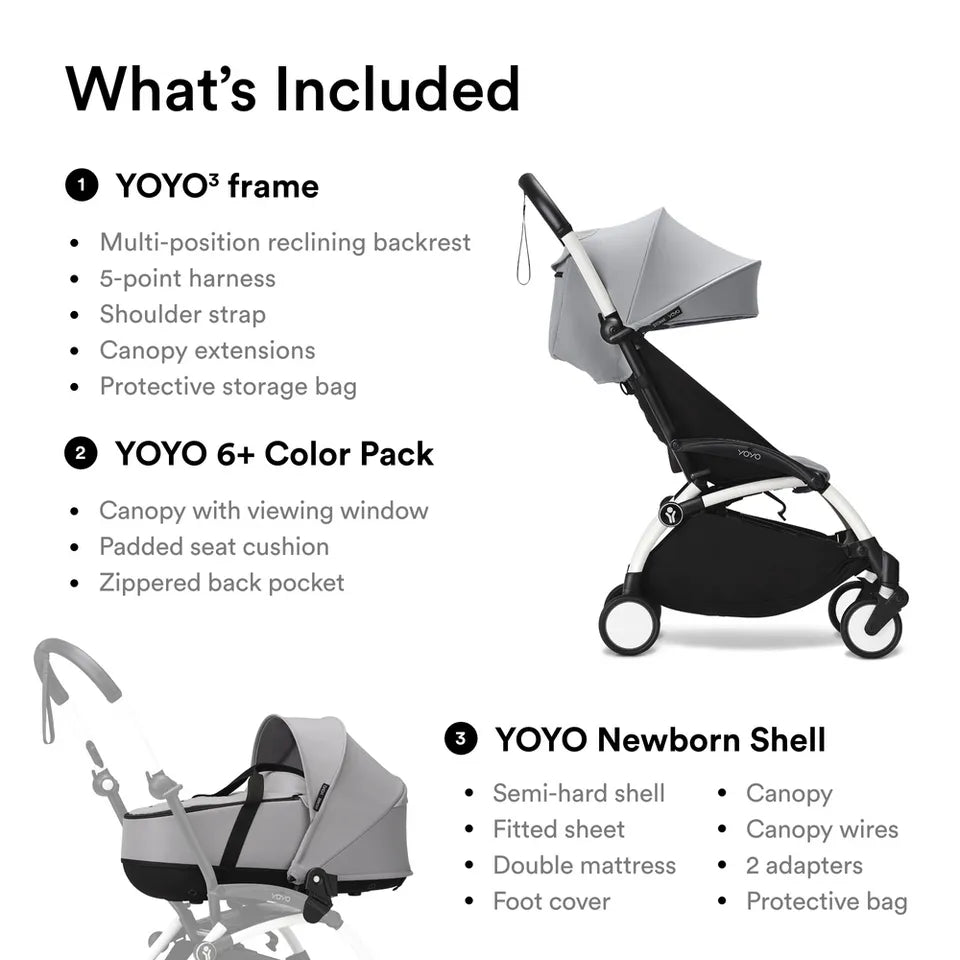 Stokke YOYO3 Frame White + Newborn & 6+ Pack Bundle - Stone