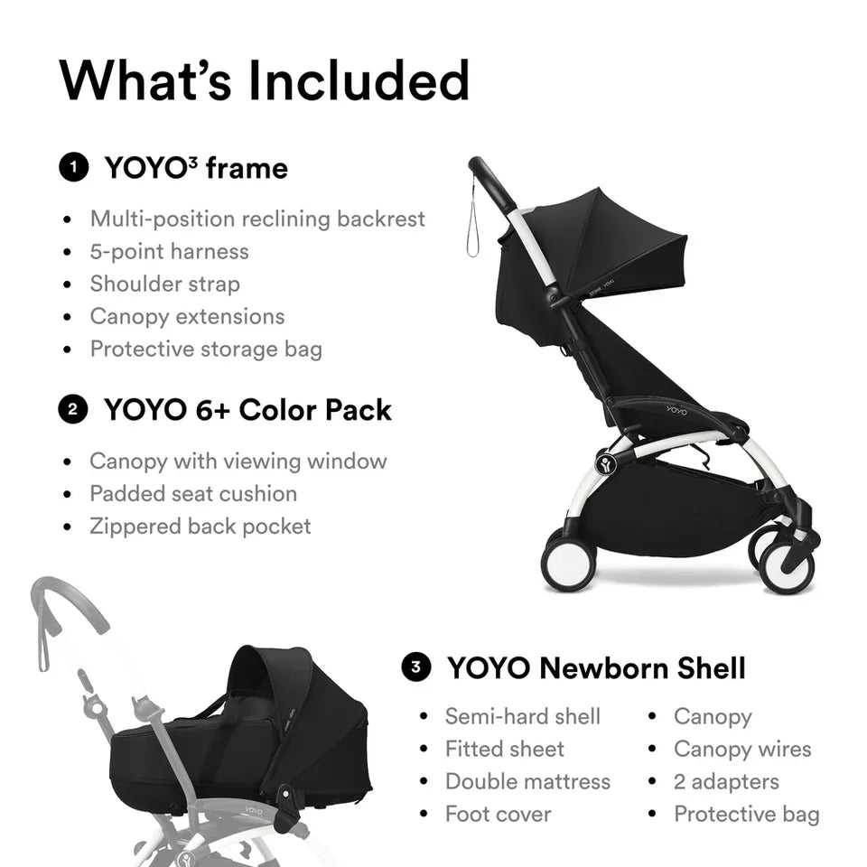 Stokke YOYO3 Frame White + Newborn & 6+ Pack Bundle - Black