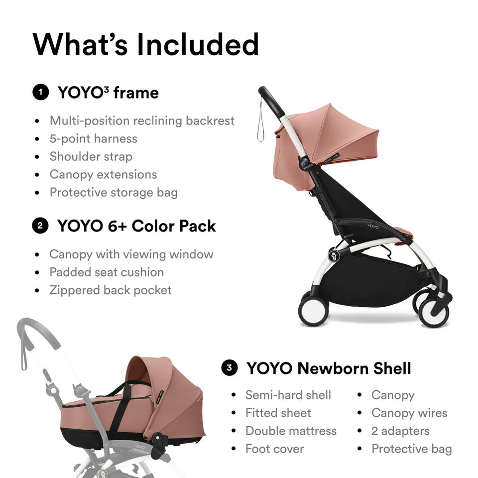Stokke YOYO3 Frame White + Newborn & 6+ Pack Bundle - Ginger