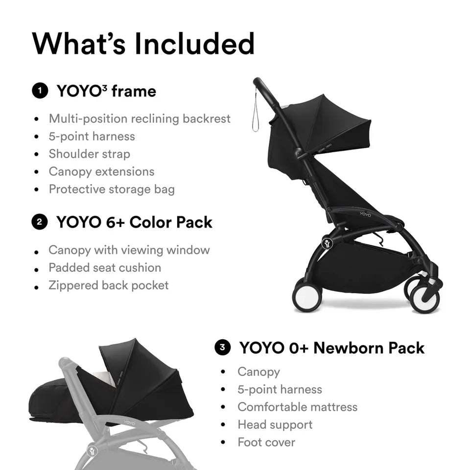 Stokke YOYO3 Black Frame & 0+ & 6+ Black Bundle