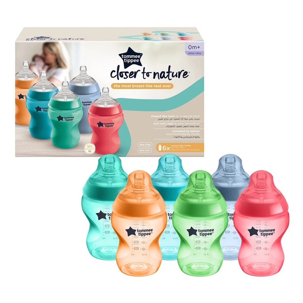 Tommee Tippee - Closer to Nature Baby Bottles, 260ml, Pack of 6, Fiesta Multicolored