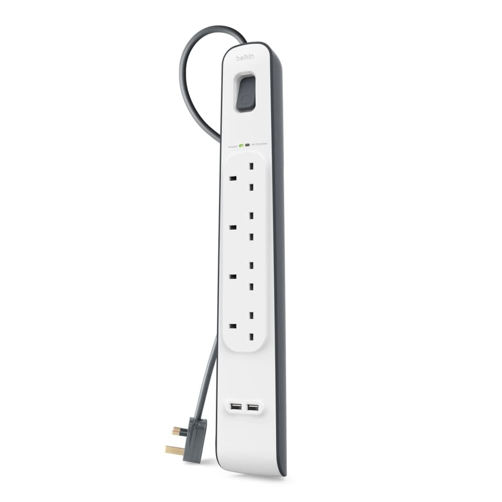 Belkin 4 Way- 4 Plug Surge Protection Extension Lead Strip with 2 x 2.4 A Shared USB Charging Port, 2 m Cable, White