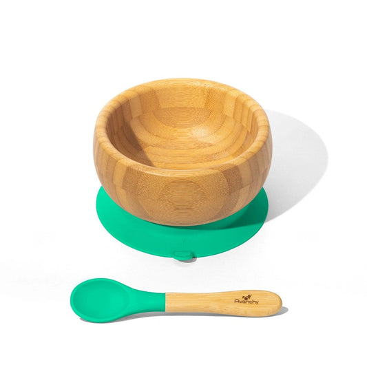 Avanchy - Baby Bamboo Stay Put Suction Bowl + Spoon - Green