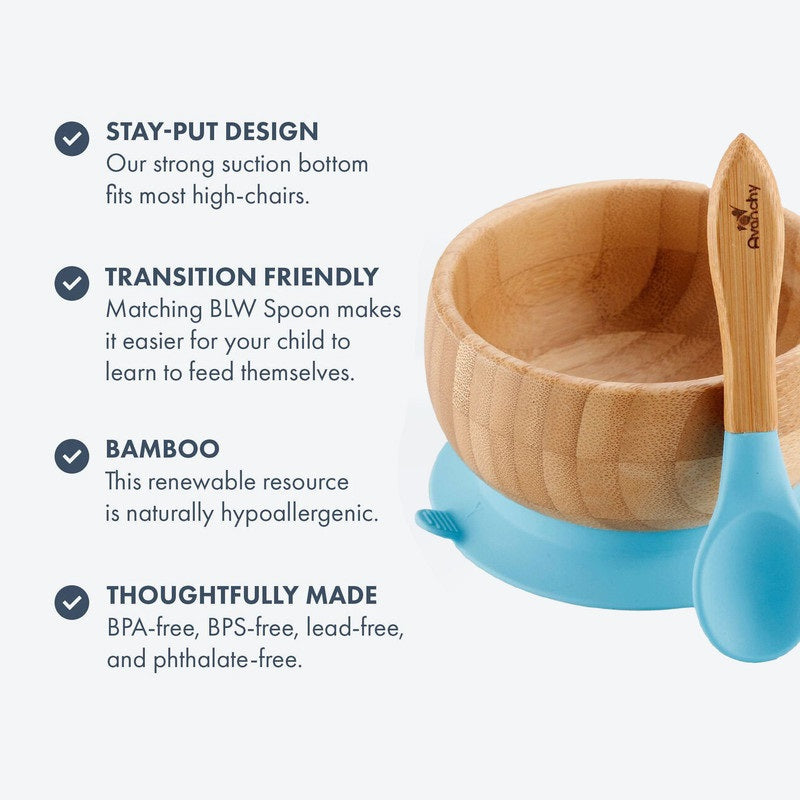 Avanchy - Baby Bamboo Stay Put Suction Bowl + Spoon - Blue