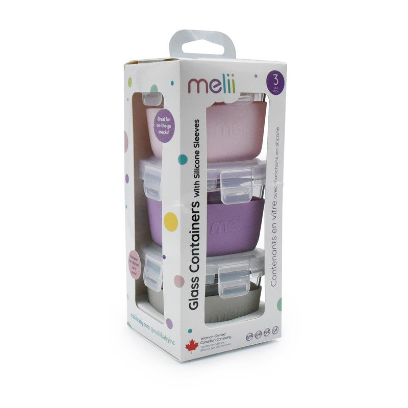 Melii - Glass Food Storage Containers 160 ml - Pack of 3 - Pink, Purple, Grey