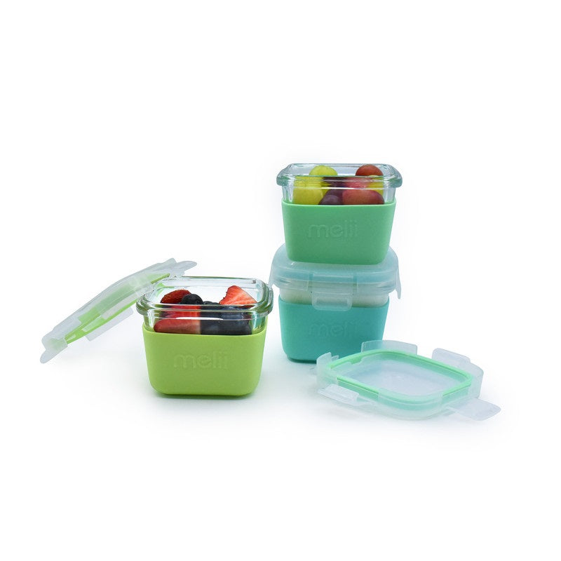 Melii - Glass Food Storage Containers 160 ml - Pack of 3 - Green, Mint, Turquoise