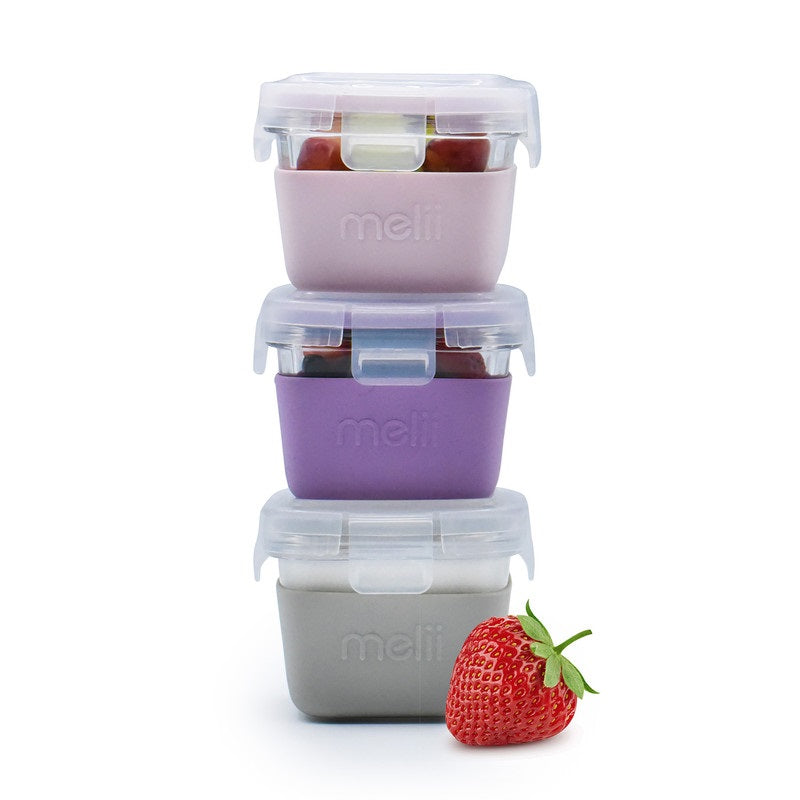 Melii - Glass Food Storage Containers 160 ml - Pack of 3 - Pink, Purple, Grey