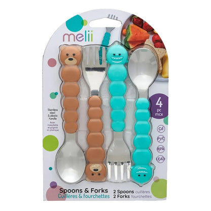 Melii - Spoons & Forks Set - 4pcs - Brown Bear & Turquoise Shark
