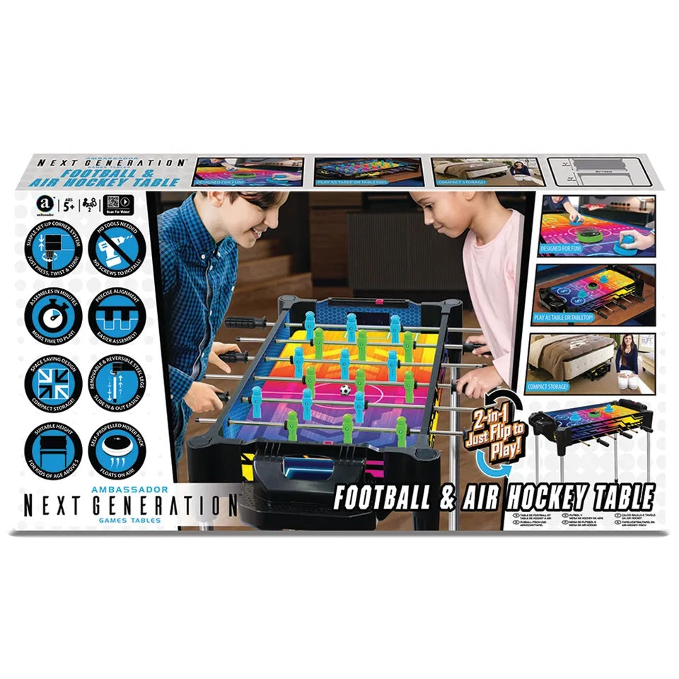 Ambassador - 27" 2-in-1 Reversible Football (Foosball/Soccer) & Hover Puck Air Hockey Table Neon Version