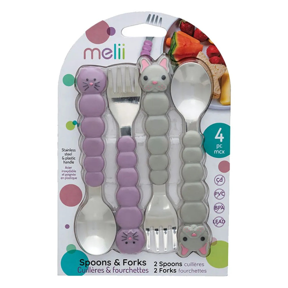 Melii - Spoons & Forks Set - 4pcs - Purple Cat & Grey Bulldog